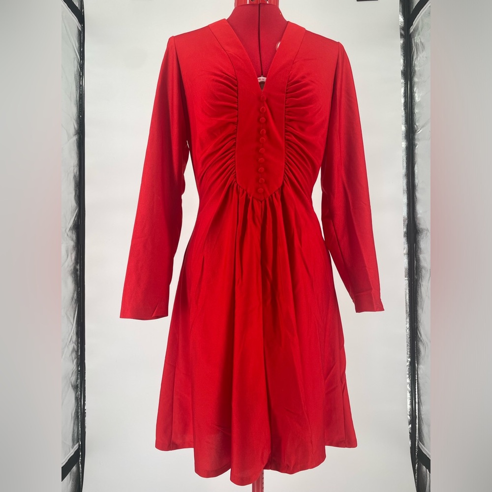Vintage 1970s Cherry Red Gathered Long Sleeve Retro Mini Dress
